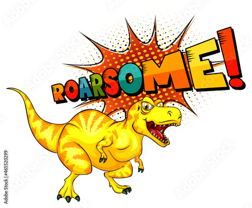 Dinosaur cartoon character with roar font banner