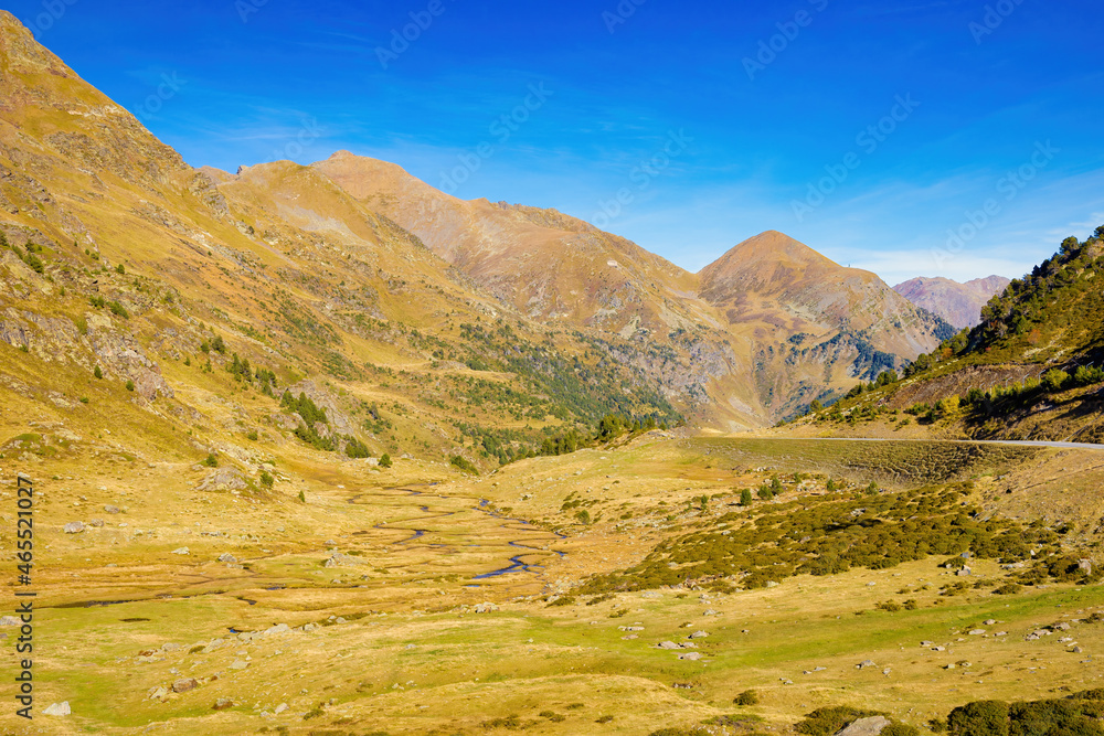 Naklejka premium View of the pastures of the Arcalis valley which present ocher colors in the middle of autumn. Arcalis, Andorra