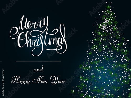 Handwritten white lettering with snowflake on a dark blue background. Magic green Christmas tree of snowflakes. Merry Christmas and Happy New Year 2022.