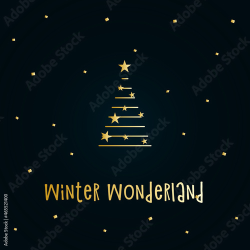Golden silhouette of a Christmas tree with snow and stars on a dark blue background. Merry Christmas and Happy New Year 2022. Vector illustration. Winter Wonderland.