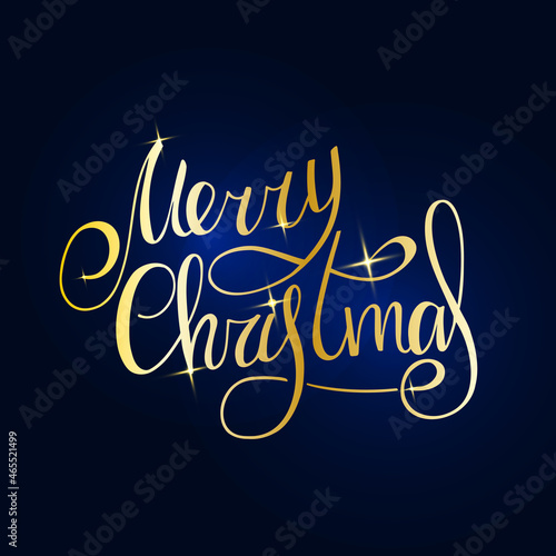 Merry Christmas. Golden Handwritten lettering on a dark blue background. New Year 2022.