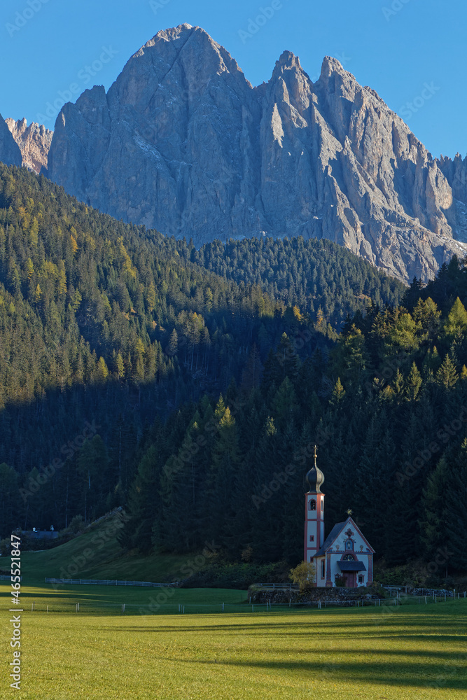 San Giovanni church in its landscape, Val di Funes, Dolomites mountains, North of Italy