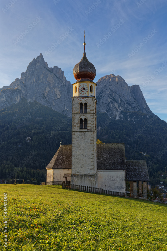 San Valentino church in Alpe di Suisi village, Dolomites mountains, Trentino Alto Adige, Italy