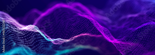 Futuristic dots pattern on dark background. Colored music wave. Big data. Technology or Science Banner. 3D rendering