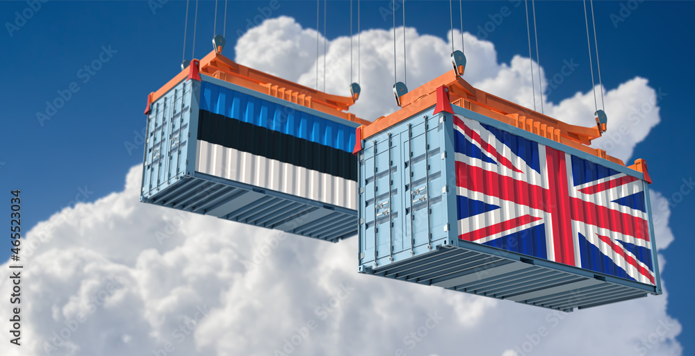 Shipping containers with United Kingdom and Estonia national flag. 3D Rendering 