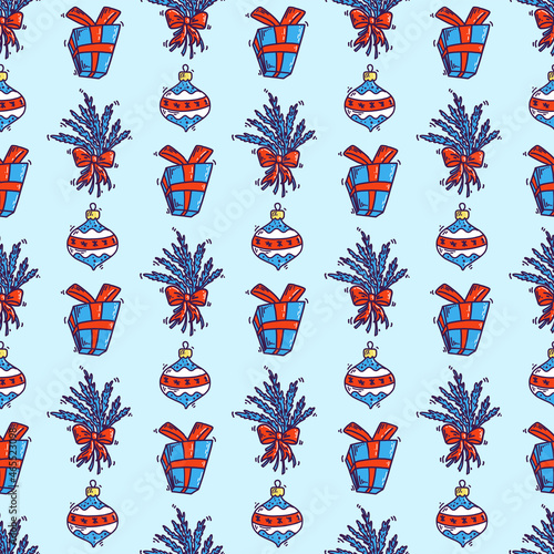 Christmas pattern design made with bright and festive winter color palette, hand drawn cartoony elements of pine tree branches, x-mas tree hangings and gift boxes with blue, white and red colors.