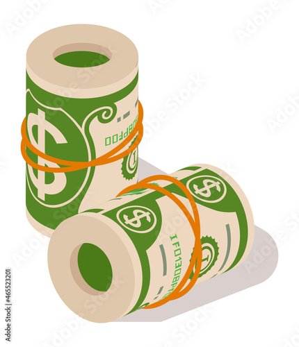 Cash money rolls. Dollar banknotes. Paper bill stacks