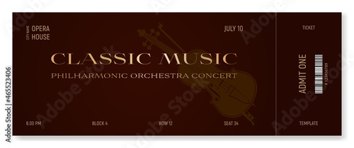 Classical music ticket design concept in modern style. Vector, can be used for printing.