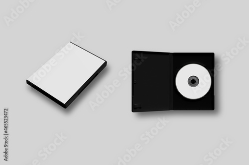 Dvd or cd disc cover case mockup. Template with plastic box and disc with white isolated free space for design. Mock up with black package for compact or dvd disc. 3d rendering.