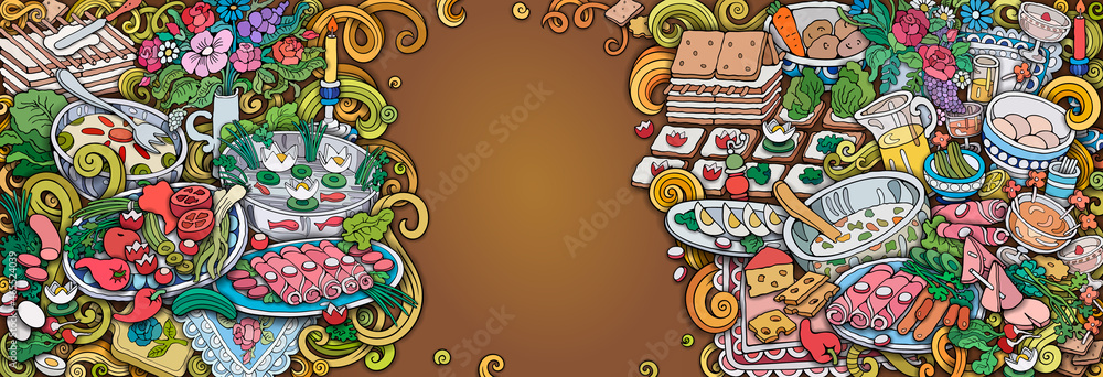 Food and Dishes banner design. Vector cooking illustration.