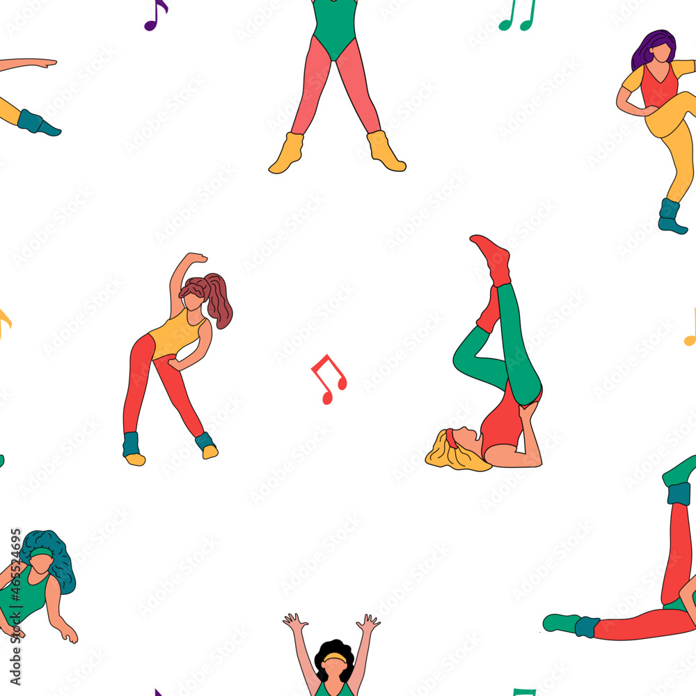 Aerobic seamless pattern. Trendy 80s years sport outfit. Old fashion sport  clothes. Hand drawn vector illustration. Workout, fitness. Stock Vector |  Adobe Stock