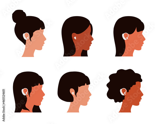 Girls avatars with hearing aid devices on their ears. Side view, a person's profile. A woman with hearing issues. Vector flat illustration.