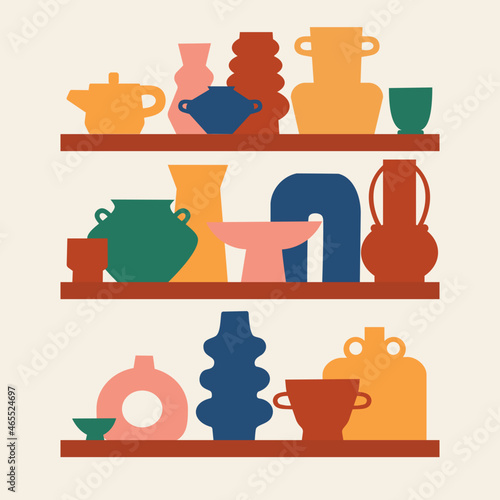 Various modern vases and pottery on the shelves. Abstract hand drawn vector illustration. All elements are isolated.