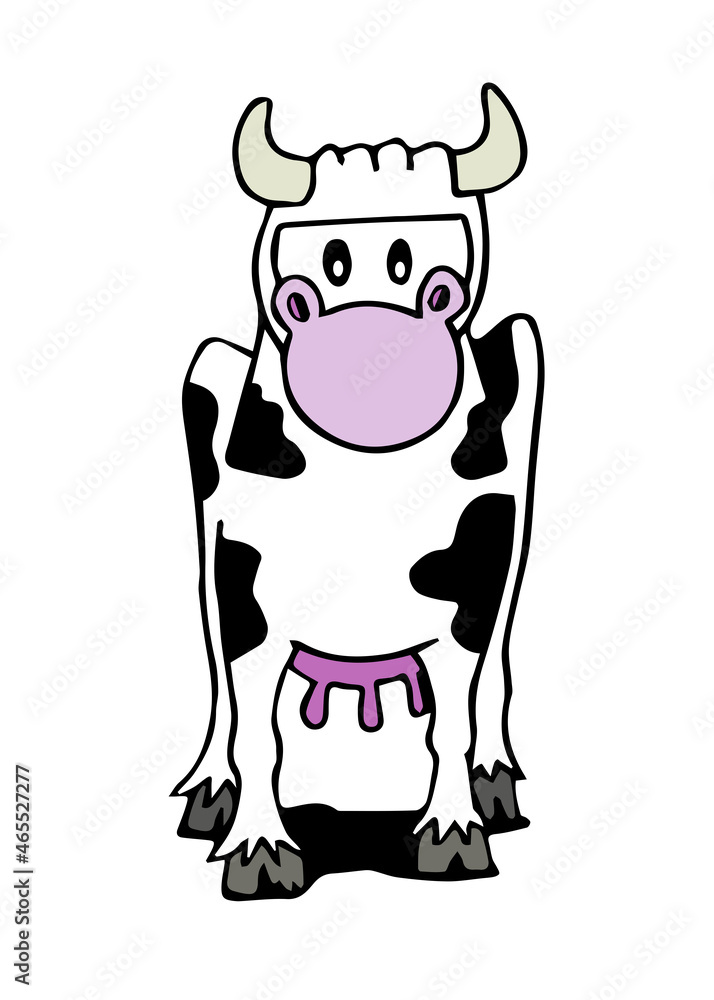 Cute angry cow with horns, standing and looking at the front. Hand drawn cartoon style vector illustration isolated on white background. Cute angry cow with horns, standing and looking at the front. Hand drawn cartoon style vector illustration isolated on white background.