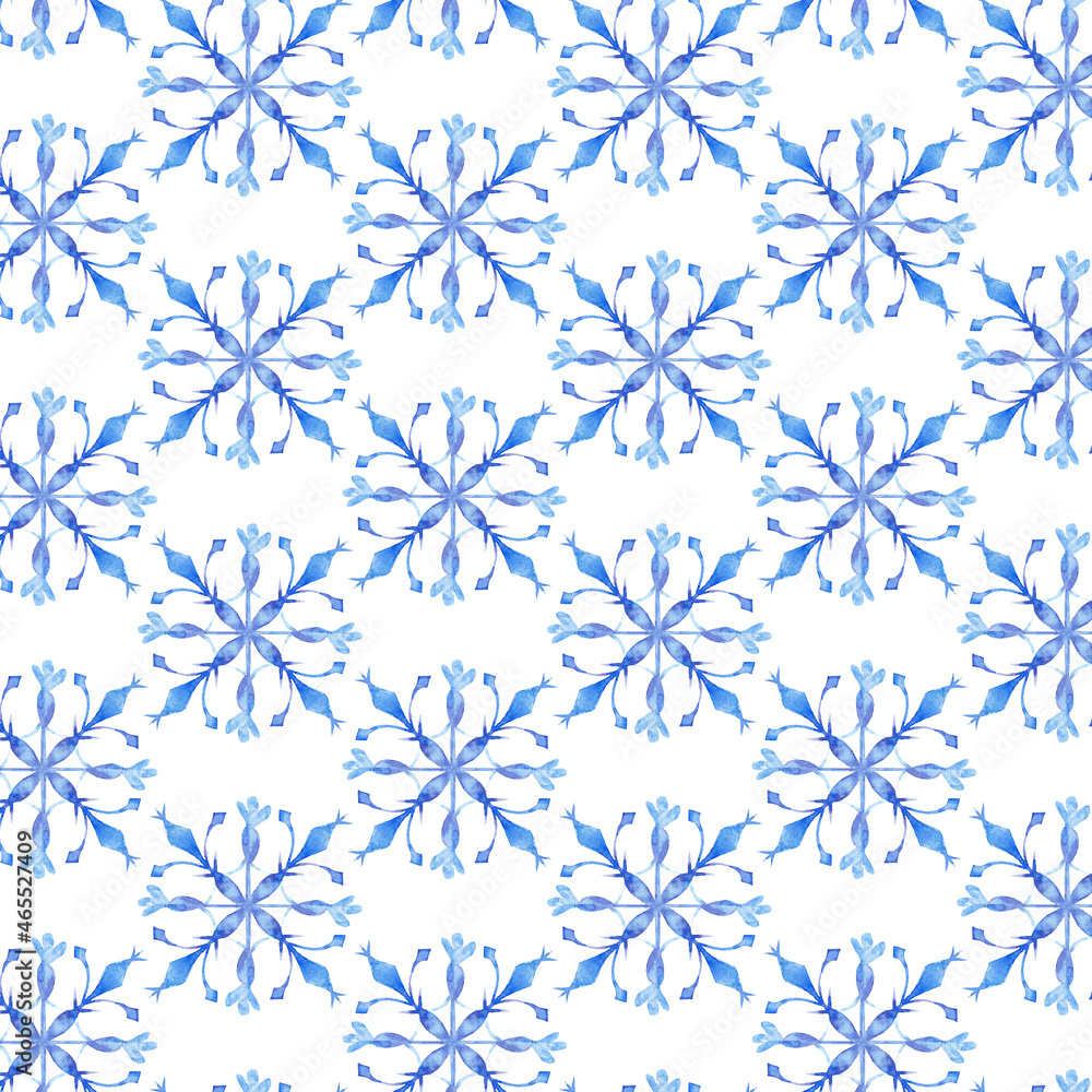 Hand drawn watercolor seamless pattern with blue snowflake. Winter illustration. Hand drawn watercolor seamless pattern with blue snowflake. Winter illustration.