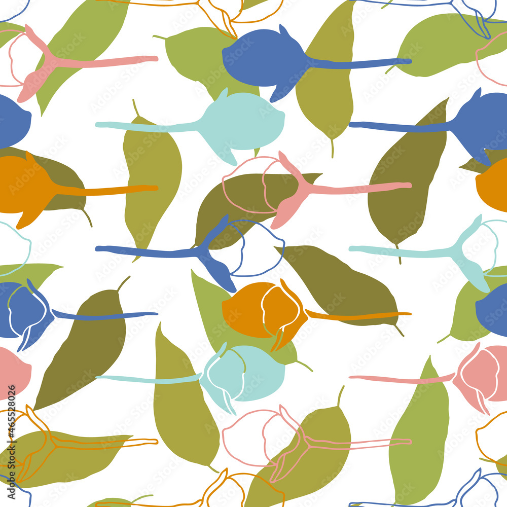 Fototapeta premium Vector floral seamless pattern with rosebuds and leaves. Stylized hand drawn flowers and leaves in pastel colors on white background.