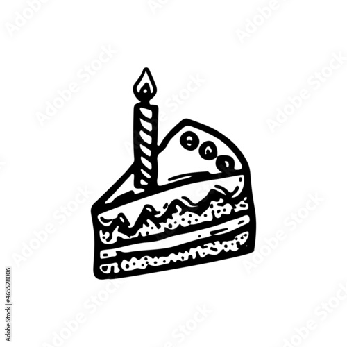 A piece of sponge cake with cream and decorations for the birthday holiday. Dessert with candles. Hand drawn line vector illustration in doodle style.