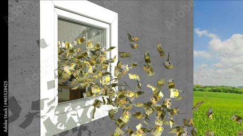 Geld aus dem Fenster werfen, Geldverschwendung, Fallende Geldscheine photo
