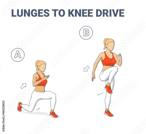 Girl Doing Lunges to Knee Drive Home Exercise Guidance. Reverse Lunges to Knee Hops Woman Workout.