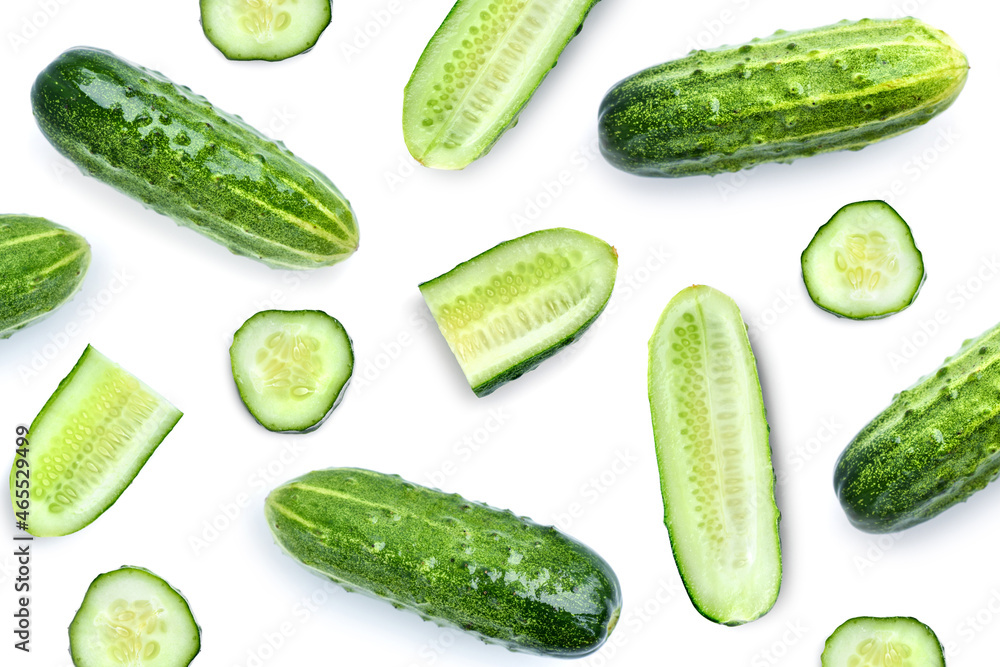 Cucumber set isolated on white background. Top view. Flat lay pattern Cucumber set isolated on white background. Top view. Flat lay pattern