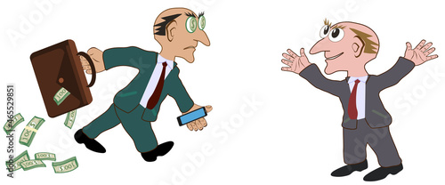 Briber or corrupt bureaucrat in a suit. A businessman with a smartphone and a leather briefcase carries a bribe to an official. Vector illustration.
