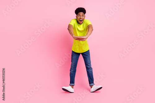 Slika na platnu Full length photo of young excited afro guy happy positive smile have fun isolat