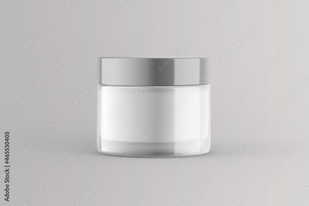 Empty blank glass cosmetic jar mock up isolated on a grey background. Cream jar, moisturizing cosmetic face care product. 3d rendering. Empty blank glass cosmetic jar mock up isolated on a grey background. Cream jar, moisturizing cosmetic face care product. 3d rendering.