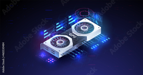 Video Graphics Card for cryptocurrency mining or gaming. GPU Graphic card illustration on geometric background.