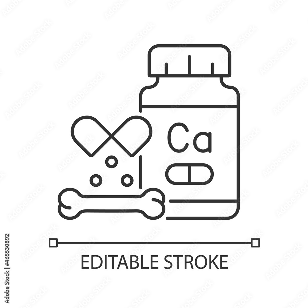 Calcium supplements linear icon. Osteoporosis prevention medication. Vegan and lactose