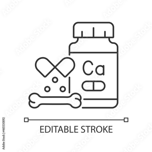 Calcium supplements linear icon. Osteoporosis prevention medication. Vegan and lactose intolerant. Thin line customizable illustration. Contour symbol. Vector isolated outline drawing. Editable stroke