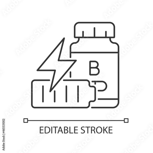 B vitamins for fatigue linear icon. Supplements to combat tiredness and weakness. Thin line customizable illustration. Contour symbol. Vector isolated outline drawing. Editable stroke