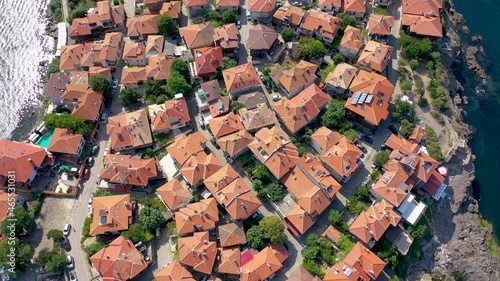 Drone view of Old Town of Sozopol town on the Black Sea coast in Bulgaria, 4k video photo