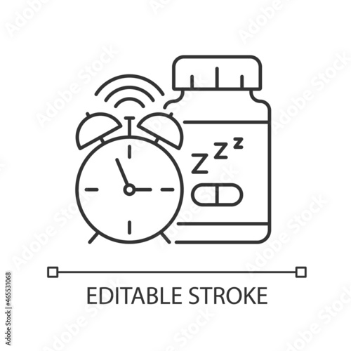 Supplements for insomnia linear icon. Sleep deprivation medication. Pills to fall asleep. Thin line customizable illustration. Contour symbol. Vector isolated outline drawing. Editable stroke
