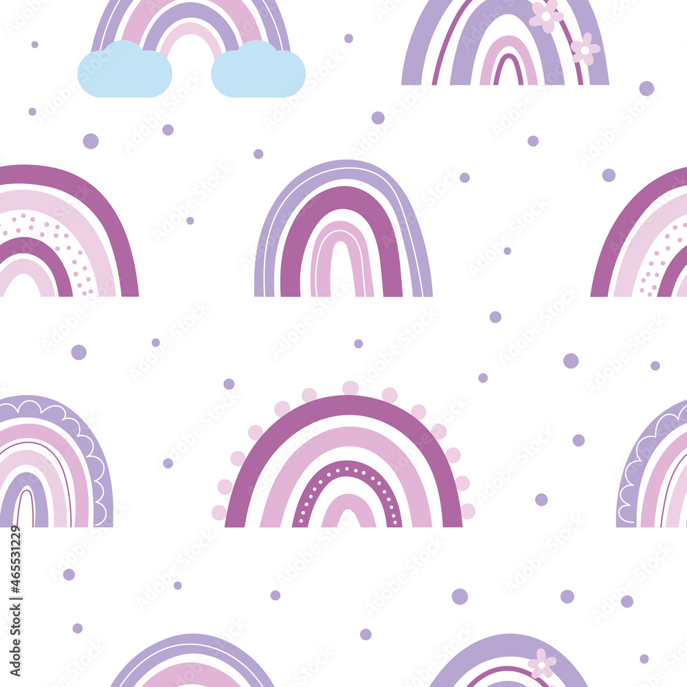Seamless pattern with hand drawn Boho rainbows on white background. Pink and purple abstract rainbows. Vector illustration. Seamless pattern with hand drawn Boho rainbows on white background. Pink and purple abstract rainbows. Vector illustration.