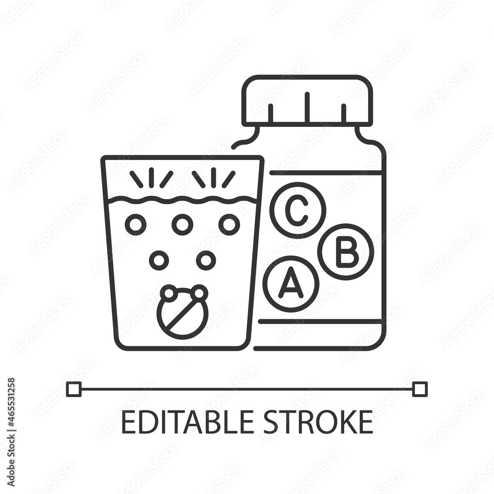 Vitamin effervescents linear icon. Water dissolving tablets. Multivitamins for better health. Thin line customizable illustration. Contour symbol. Vector isolated outline drawing. Editable stroke Vitamin effervescents linear icon. Water dissolving tablets. Multivitamins for better health. Thin line customizable illustration. Contour symbol. Vector isolated outline drawing. Editable stroke