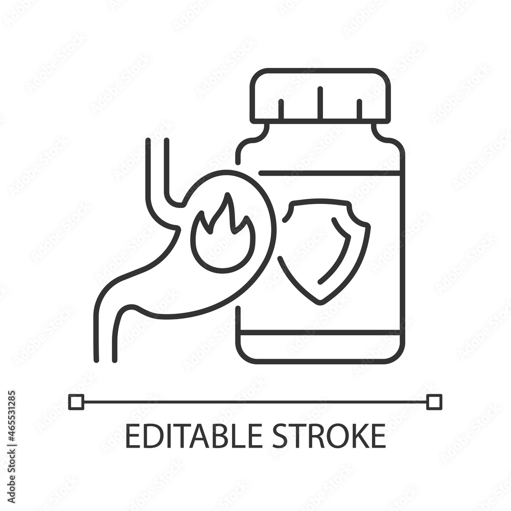 Acid reflux supplements linear icon. Heartburn relief medication. Digestion problems. Thin line customizable illustration. Contour symbol. Vector isolated outline drawing. Editable stroke Acid reflux supplements linear icon. Heartburn relief medication. Digestion problems. Thin line customizable illustration. Contour symbol. Vector isolated outline drawing. Editable stroke
