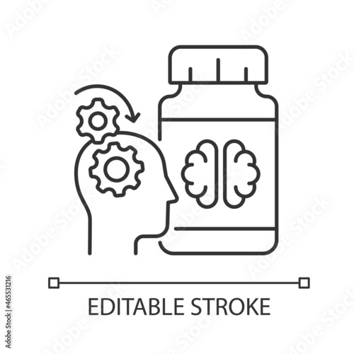 Mental work supplements linear icon. Supplements for better brain function. Nootropic medication. Thin line customizable illustration. Contour symbol. Vector isolated outline drawing. Editable stroke