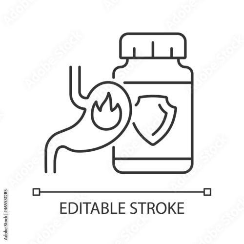 Acid reflux supplements linear icon. Heartburn relief medication. Digestion problems. Thin line customizable illustration. Contour symbol. Vector isolated outline drawing. Editable stroke