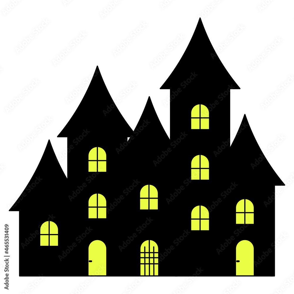 An old mansion. Castle with towers. Silhouette. Vector illustration. A bright light is burning in the windows of the mysterious house. Isolated white background. Halloween house. Country estate. 
