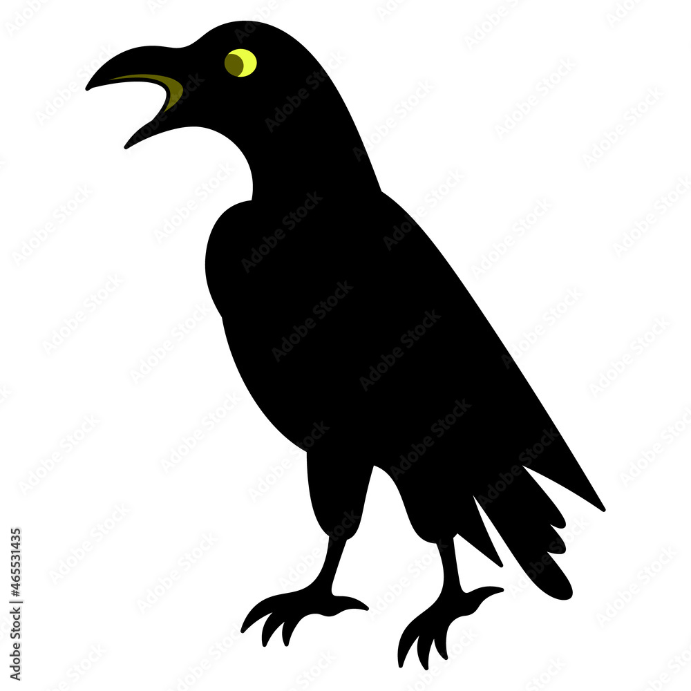 Fototapeta premium Crow. Silhouette. A mystical black bird with luminous eyes croaks loudly. Vector illustration. Isolated white background. Halloween symbol. Messenger of the underworld. Scavenger bird.