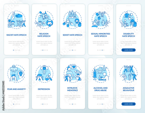 Exposure to violence onboarding mobile app page screen set. Mental health effects walkthrough 5 steps graphic instructions with concepts. UI, UX, GUI vector template with linear color illustrations