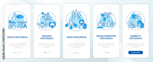 Hate crime against onboarding mobile app page screen. Religion and ethnicity walkthrough 5 steps graphic instructions with concepts. UI, UX, GUI vector template with linear color illustrations