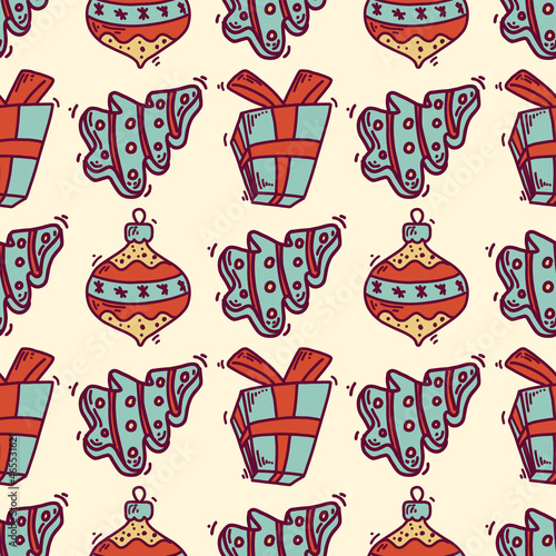 Christmas pattern design made with  cozy retro color palette, hand drawn cartoony elements of pine tree cookies, x-mas tree hangings and gift boxes.