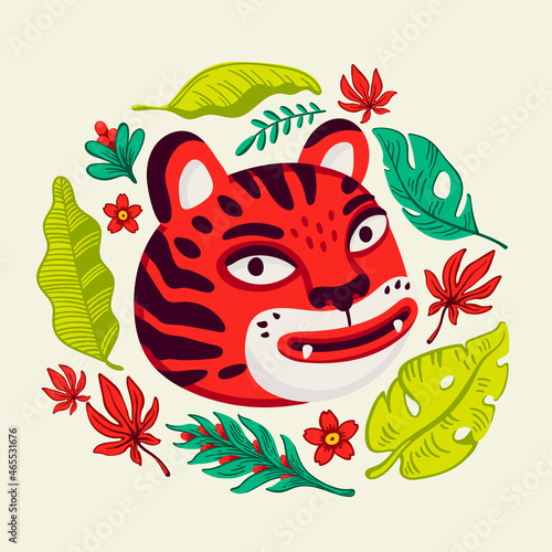 Tiger vector head, cartoon tiger funny face in tropical flowers and leaves wr...
