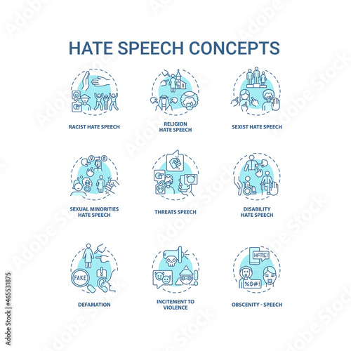 Hate speech blue concept icons set. Aggression towards person and group idea thin line color illustrations. Religious bias. Sexist comments. Vector isolated outline drawings. Editable stroke