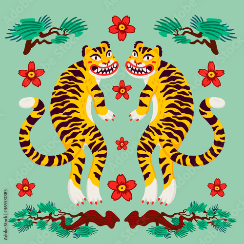 Asian Tiger symmetrical composition, vector tigers, and japanese pine branche...