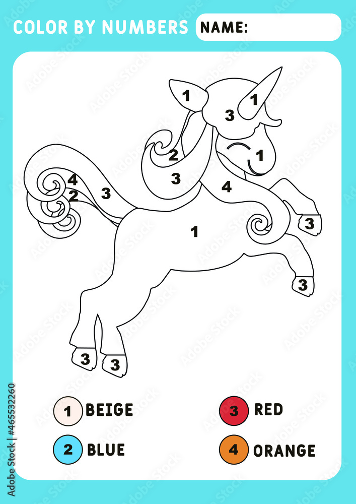 Coloring page with little cute magical unicorn. Color by numbers educational children game, drawing kids activity. Animals theme. Illustration and vector outline - A4 paper ready to print. Stock Vector | Adobe Stock Coloring page with little cute magical unicorn. Color by numbers educational children game, drawing kids activity. Animals theme. Illustration and vector outline - A4 paper ready to print. Stock Vector | Adobe Stock