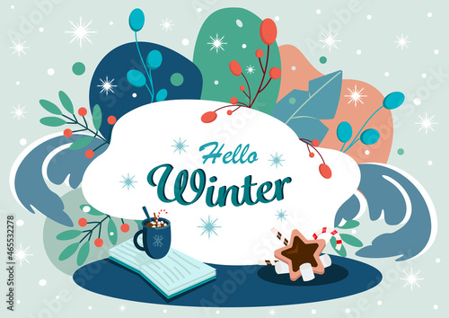 Colorful winter background with snowflakes, a cup of cocoa or coffee, sweets and a book. Hello winter concept. Vector illustration.