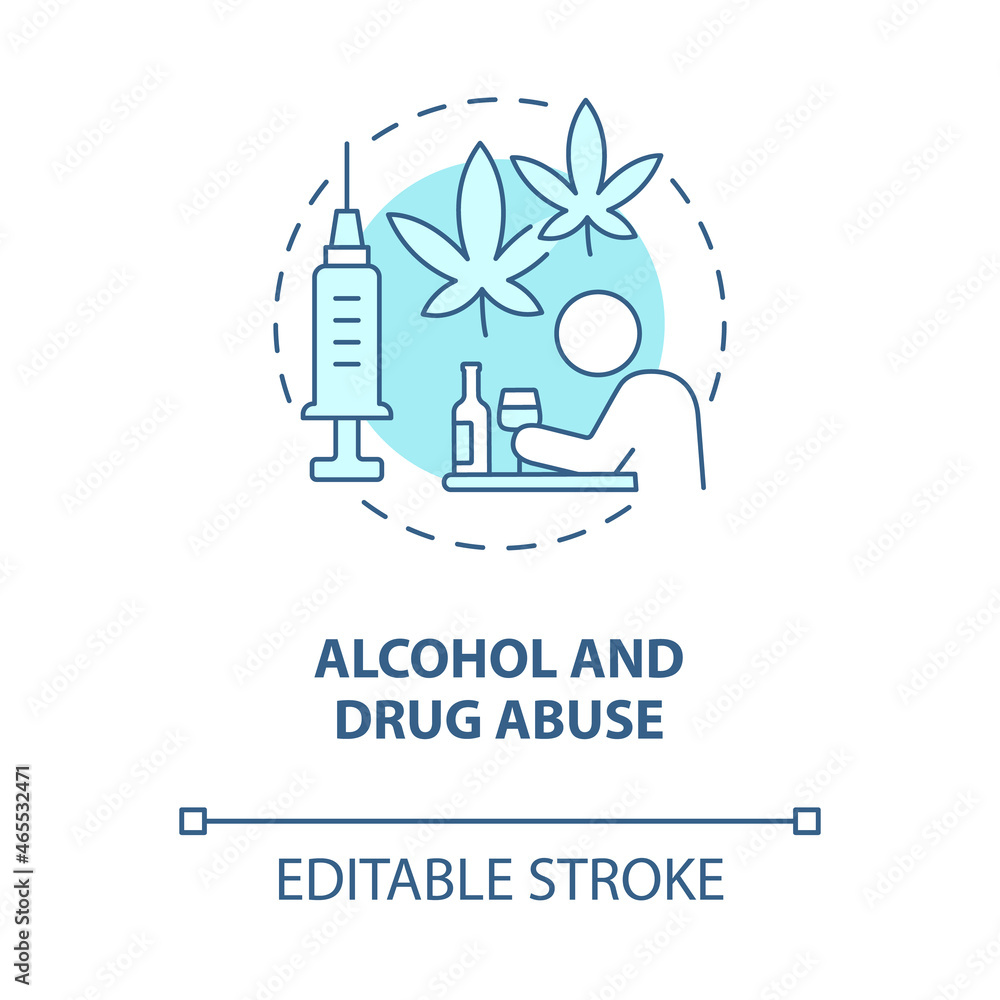 Alcohol and drug abuse blue concept icon. Hate speech effect abstract idea thin line illustration. Substance addiction. Alcohol drinks misuse. Vector isolated outline color drawing. Editable stroke
