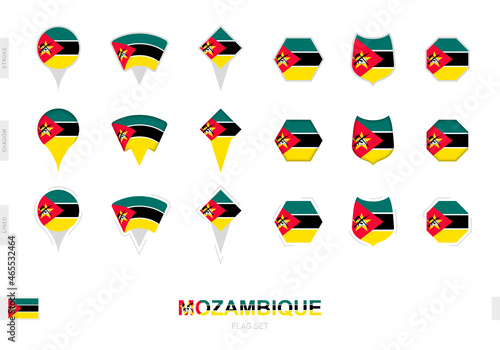 Collection of the Mozambique flag in different shapes and with three different effects.